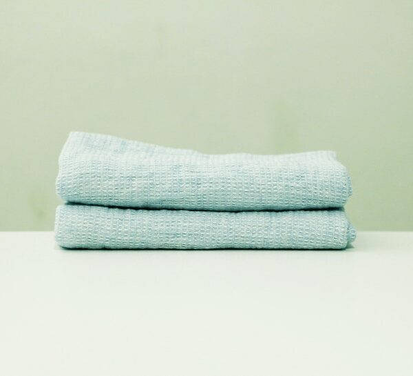 Balsam Green Linen Bath Towels and Hand Towels Set Washed Waffle - LinenMe