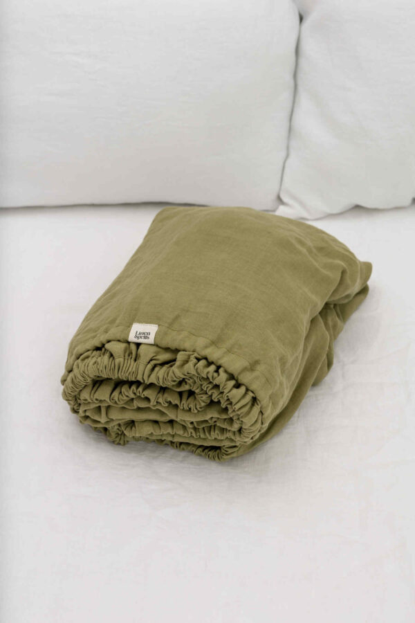 Olive green linen fitted sheet